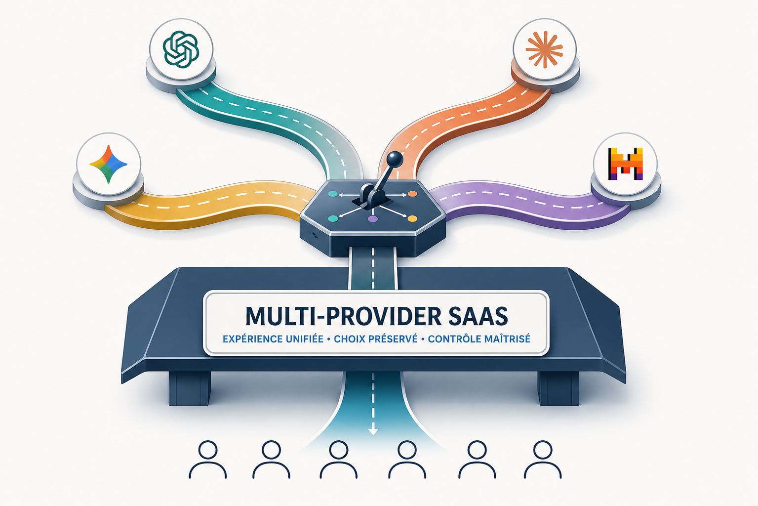 Illustration de la couche d'abstraction IA détenue par un éditeur SaaS multi-provider