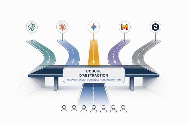 Schéma d'architecture IA d'entreprise : cinq LLM (OpenAI, Anthropic, Google, Mistral, Cohere) convergent vers une couche d'abstraction