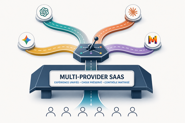 Illustration de la couche d'abstraction IA détenue par un éditeur SaaS multi-provider