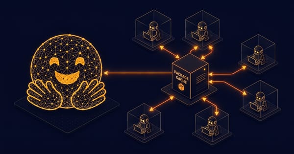 Schéma isométrique de six agents IA isolés en cage de verre, reliés à un cache de paquets partagé qui leur sert de canal de communication